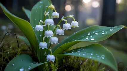 Obraz premium Macro Shot of Lily of the Valley Flowers with Morning Dew Drops 