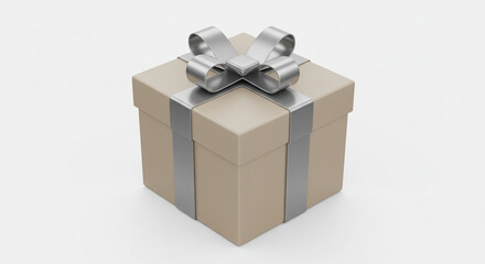 Elegant beige gift box with a silver ribbon, perfectly presented for a special occasion.