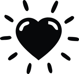 A bold black heart symbol radiating light with glossy highlights against a clean white background representing love and positivity