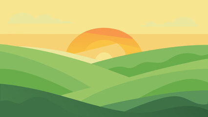 Obraz premium Gentle Sunset Over Rolling Green Hills with a Lone Tree