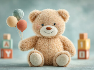 Obraz premium baby’s first birthday wallpaper background featuring plush teddy bear, balloons, and building blocks, light pastel blue background