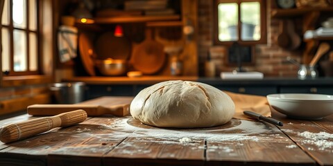 Rustic kitchen table, warm light illuminating rising bread dough, baking, flour