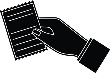 Obraz premium Hand holding a receipt with lines information paper purchase document silhouette black vector illustration