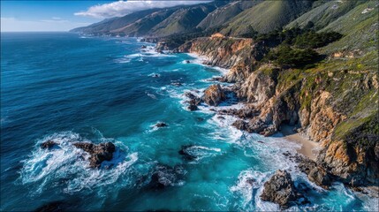 Scenic coastline features rugged cliffs turquoise ocean waters and mountainous terrain with greenery