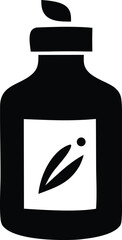 Stylized black and white graphic of a bottle with a label featuring abstract leaf and dot elements suggesting natural products or branding