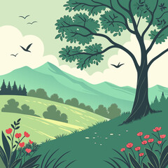 pastoral landscape, rolling hills, lush green meadow, towering oak tree, vibrant red poppies, mountain silhouettes in the distance, birds flying overhead, serene and peaceful atmosphere, digital art, 