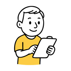 Young Man Holding Clipboard in Yellow Shirt. Office Worker, Office Task, Note Taking Concepts Simple Line Doodle Style Hand-Drawn Vector Illustration