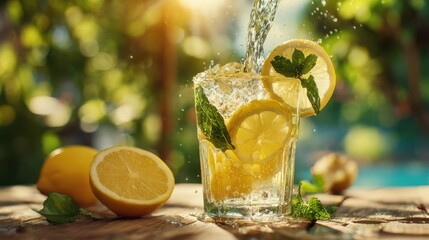 Water is being poured into a glass filled with ice and lemon slices on a rustic wooden table