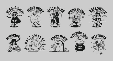 Comic Halloween characters. Retro spooky mascots with lettering. Funny pumpkins and cats, vampire, death, black cat, magic cauldron. Scary Happy Halloween vector set
