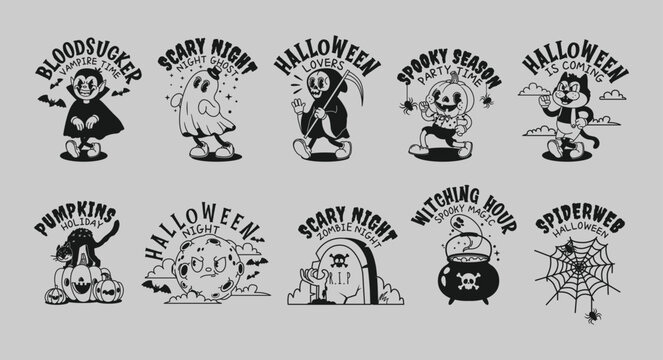 Comic Halloween characters. Retro spooky mascots with lettering. Funny pumpkins and cats, vampire, death, black cat, magic cauldron. Scary Happy Halloween vector set