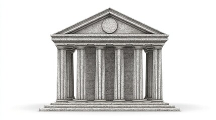 Stone facade with columns, steps, and triangular pediment against a white backdrop