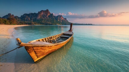 Wooden longtail boat resting on a serene sandy beach with mountains visible under a clear early
