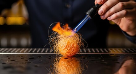 Bartender creating fiery citrus cocktail garnish with torch