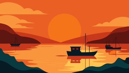 Peaceful Sunset Over a Quiet Bay with Silhouetted Boats Tranquil View