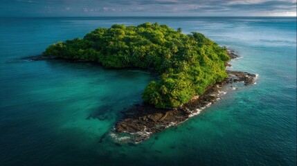 Aerial view depicts a tropical island covered in green vegetation surrounded by turquoise ocean