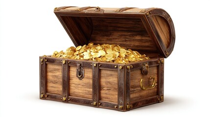 Open treasure chest overflows with golden coins against a white background