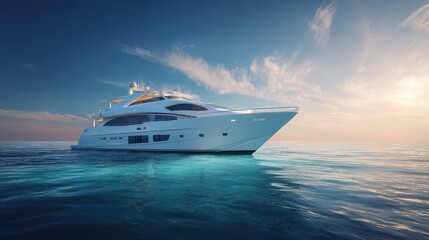 White luxury yacht on calm blue water under a bright sky with scattered clouds and golden light at