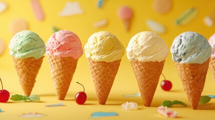 A vibrant display of ice cream cones in multiple flavors arranged against a bright yellow background