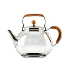 Modern glass teapot with wooden handle and lid isolated on transparent background
