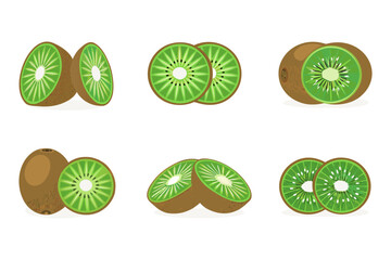 Set of Fresh Kiwi Fruit Illustrations. Whole and Sliced Kiwi Icons in Different Angles, Vector Collection for Food, Health, and Packaging Design