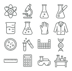Science lab icon collection, simple chemistry and biology symbols for research design