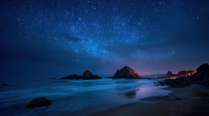 Nightscape featuring a dark beach with rock formations under a bright starry sky and gentle waves