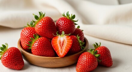A bowl of vibrant red strawberries, one perfectly halved, artfully arranged on a wooden bowl with a soft white background