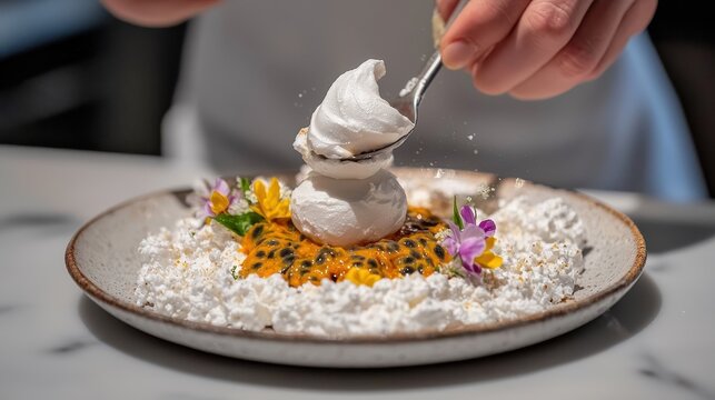 Quenelle technique demonstration showing chef placing white meringue quenelle onto passion fruit pavlova dessert with edible flowers and crushed meringue on ceramic plate