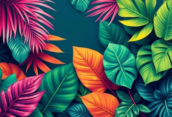 Vibrant tropical leaves & Memphis geometric shapes, perfect for summer travel, music, or fashion,  bold,  illustration