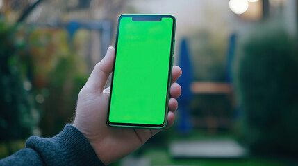 A smartphone held in hand showing a green screen app for chroma key effects