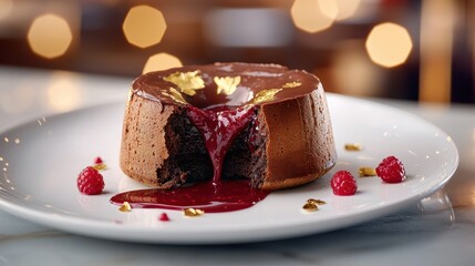 Chocolate textures contrast rich molten chocolate cake with flowing raspberry sauce and fresh berries on elegant white porcelain plate upscale dining establishment