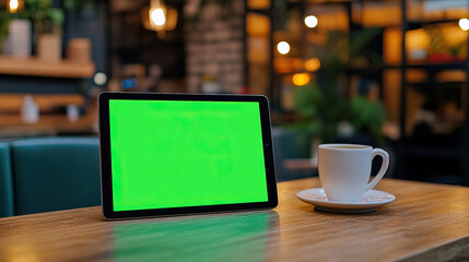 A tablet on a cafe table running a green screen for live streaming