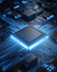 Close-up of illuminated microprocessor on circuit board