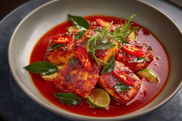 Close-up of bowl filled with sankara meen, Indian fish curry, garnished with sesame seeds, chili peppers, dill. Concept of vibrant sankara meen showcasing Indian culinary art.