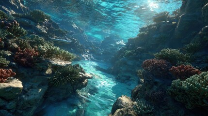 Underwater scene with clear turquoise water featuring rocky formations and various coral reefs under