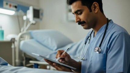 Medical Professional Writing on Digital Tablet in Hospital Room Wearing Blue Scrubs with Stethoscope under Warm Indoor Lighting - Powered by Adobe
