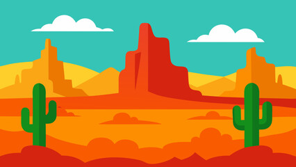 A Vibrant Vector Of A Southwestern Desert Landscape With Cacti And A Setting Sun