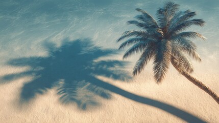 Single palm tree casting a shadow on sand against a light blue water background at daytime