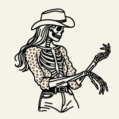 Fototapeta premium Cowgirl Female skeleton with leopard print Holding hands. Cowboy Western American Cartoon Animal Clipart Line Art Vector Illustration. .