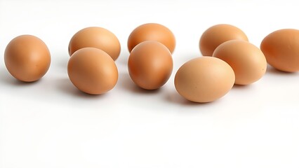 Brown eggs on a white surface, showcasing natural texture and subtle shadows in a minimalist composition.