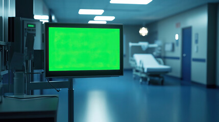 Ultra-realistic photo of hospital medical monitor with green screen data display