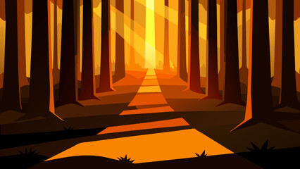 Beautiful Beams Of Golden Sunset Light Filtering Through The Trunks Of Tall Trees