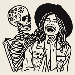 Cowgirl Female skeleton with leopard print Laughing Together. Cowboy Western American Cartoon Animal Clipart Line Art Vector Illustration. .