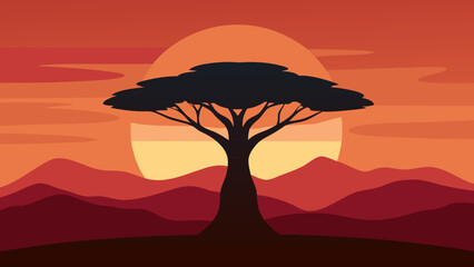 The Striking Silhouette Of A Lone And Ancient Baobab Tree On The African Savannah