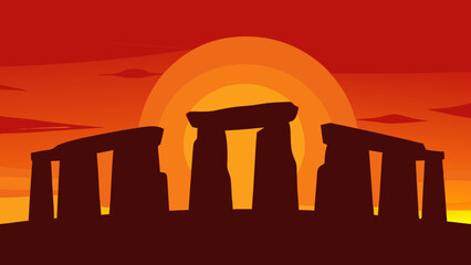 The Mystical Silhouette Of Ancient Ruins Like Stonehenge Against A Dramatic Sunset