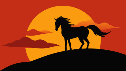 The Powerful Silhouette Of A Lone Horse Standing Proudly On A Ridge At Sunset