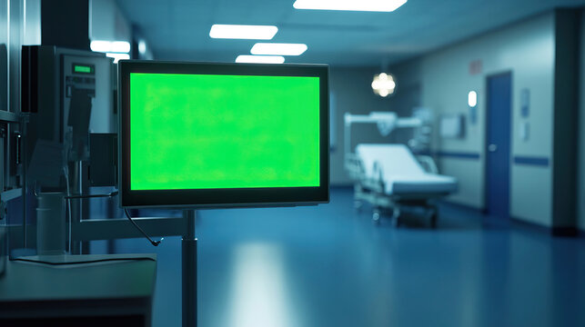 Ultra-realistic photo of hospital medical monitor with green screen data display