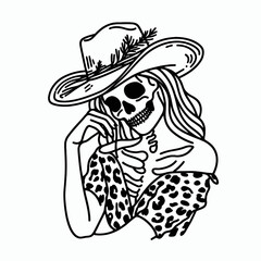 Cowgirl Female skeleton with leopard print peeking pose. Cowboy Western American Cartoon Animal Clipart Line Art Vector Illustration. .