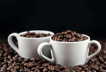 Fototapeta premium Three pristine white coffee cups brimming with dark roasted coffee beans against a deep backdrop, element, coffee shop