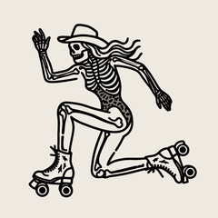 Cowgirl Female skeleton with leopard print play roller skate. Cowboy Western American Cartoon Animal Clipart Line Art Vector Illustration. .